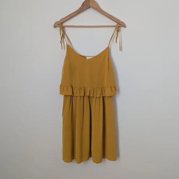 Sezane Mustard Yellow Silk Ashley Tiered Ruffle Layered Tie Strap Mini Dress - Picture 2 of 7